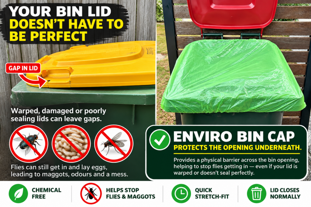 Enviro Bin Cap stretched across a wheelie bin opening, showing how the physical barrier helps reduce fly access even when the bin lid is warped or does not seal perfectly.