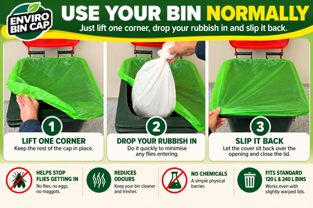 Three-step guide showing how to lift one corner of Enviro Bin Cap, add rubbish and slip the cap back over a 120L or 240L wheelie bin.